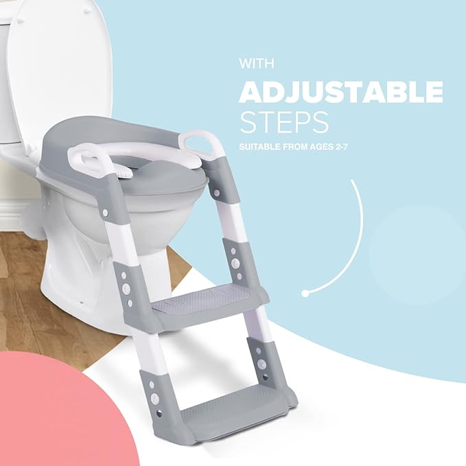 KIDOOLA Adjustable Potty Ladder Seat for Toilet Training with Steps, Handle & Soft Cushion Design Non Slip & Space Efficient Toddlers & Children Unisex Foldable & Easy Assembly Splash Guard Included