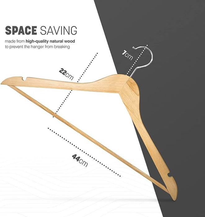 KEPLIN Strong Natural Wood Wooden Coat Hangers with 360 Degree Rotatory Hook & Round Trouser Bar & Shoulder Notches - Durable Wardrobe Space Saver - Suitable for Coat, Jacket, Suit, Jumper (30 Pack)