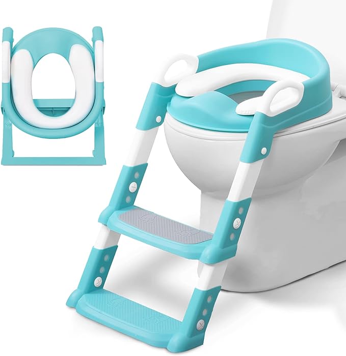 KIDOOLA Adjustable Potty Ladder Seat for Toilet Training with Steps, Handle & Soft Cushion Design Non Slip & Space Efficient Toddlers & Children Unisex Foldable & Easy Assembly Splash Guard Included