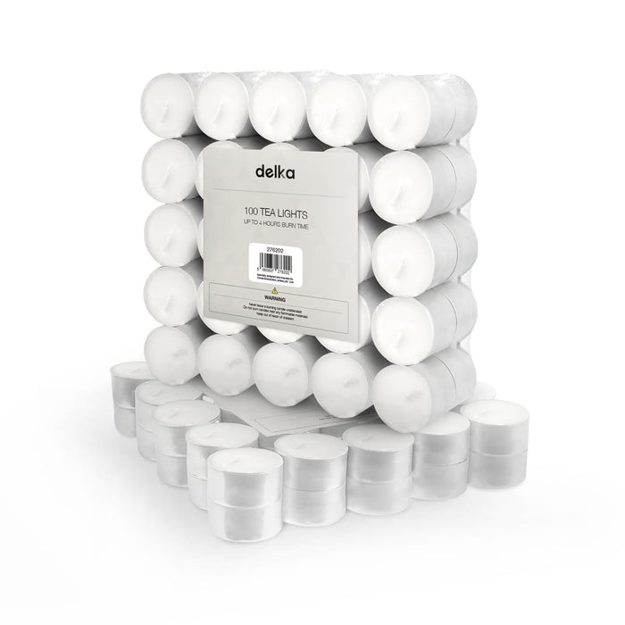 delka 4 Hour Tea Light Candles, 100 Pack, Long Burning Time, Unscented Tea Lights - White