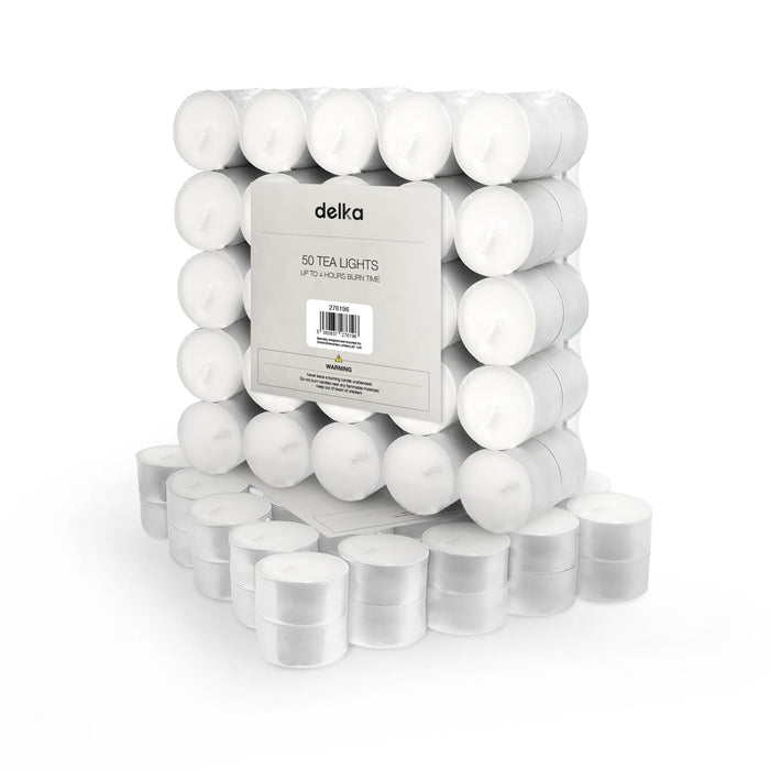 delka 4 Hour Tea Light Candles, 50 Pack, Long Burning Time, Unscented Tea Lights - White