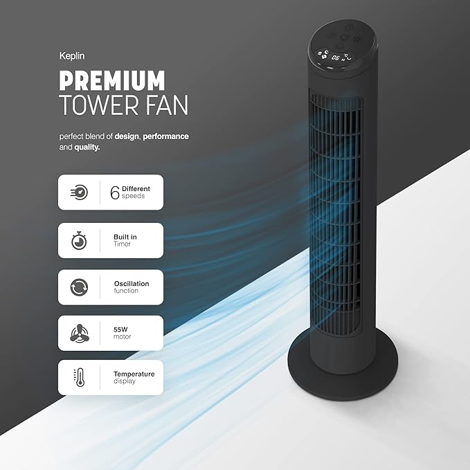 KEPLIN 55W 29-Inch 90 Degree Oscillating Tower Fan with Remote Control, Powerful Wind, 6 Speeds, 3 Modes, Temperature Display & 12 hour Timer, Perfect fans for Home & Office Made with Quiet Operation