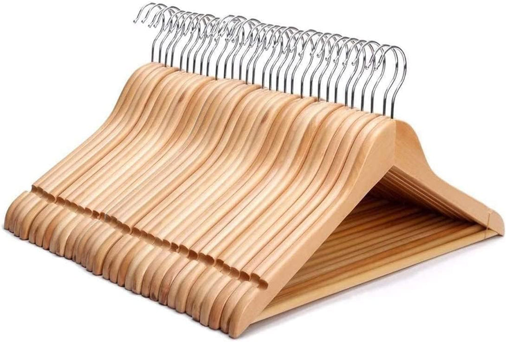 KEPLIN Strong Natural Wood Wooden Coat Hangers with 360 Degree Rotatory Hook & Round Trouser Bar & Shoulder Notches - Durable Wardrobe Space Saver - Suitable for Coat, Jacket, Suit, Jumper (20 Pack)