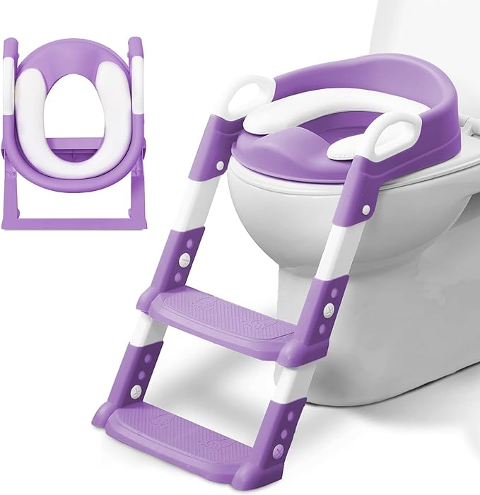 KIDOOLA Adjustable Potty Ladder Seat for Toilet Training with Steps, Handle & Soft Cushion Design Non Slip & Space Efficient Toddlers & Children Unisex Foldable & Easy Assembly Splash Guard Included