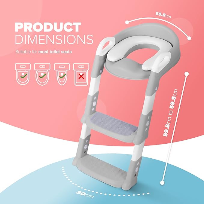 KIDOOLA Adjustable Potty Ladder Seat for Toilet Training with Steps, Handle & Soft Cushion Design Non Slip & Space Efficient Toddlers & Children Unisex Foldable & Easy Assembly Splash Guard Included