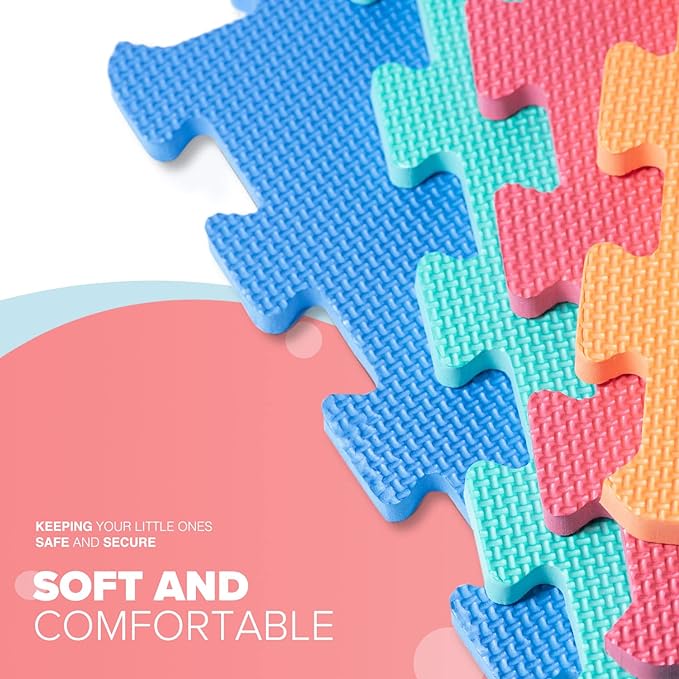 kidoola Foam Baby Play Mat (29x29cm) – Thick & Soft EVA Foam Interlocking Floor Tile Matting for Children – Large Multi Colour, Safe & Comfortable 7mm Thick Play Flooring (18pc)