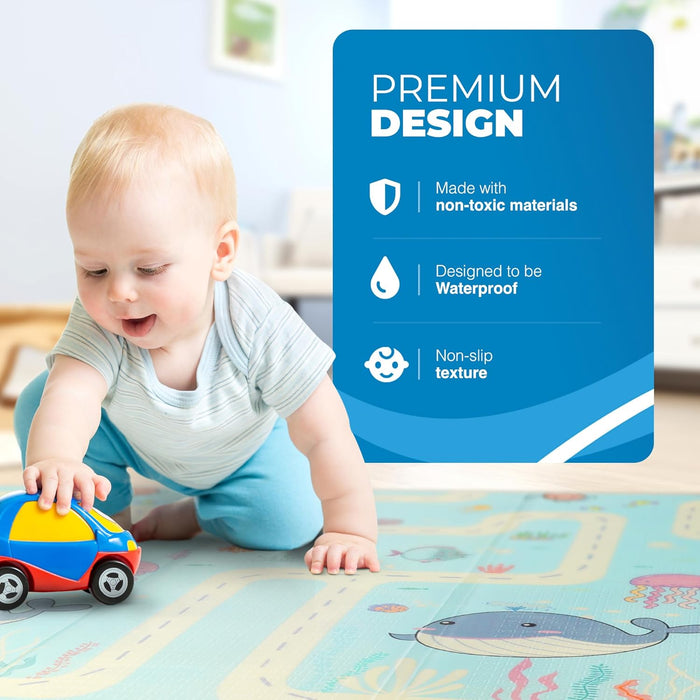 scoosh Foldable Activity Mat - Double-Sided, Reversible, Waterproof, Ideal for Playtime, Picnics, and Quality Family Bonding - Premium Quality Outdoor & Indoor Mat (Land & Sea, 150x200x1cm)