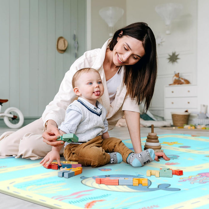 scoosh Foldable Activity Mat - Double-Sided, Reversible, Waterproof, Ideal for Playtime, Picnics, and Quality Family Bonding - Premium Quality Outdoor & Indoor Mat (Land & Sea, 150x200x1cm)