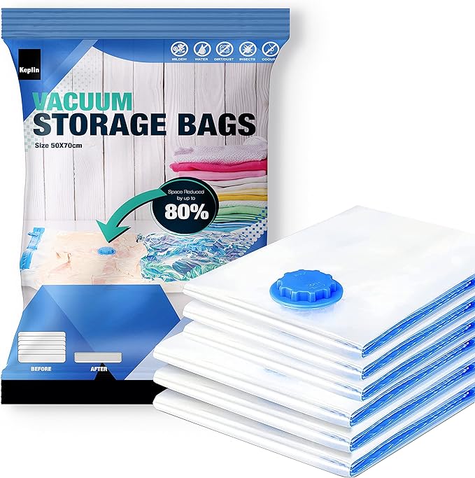 KEPLIN Vacuum Storage Bags | Maximise Space and Store Clothes, Bedding, Towels, Duvet & Pillow | Space Saver Air Suction Bag with Secure Double Zip + Valve | 6 Pack Medium (50cm x 70cm)