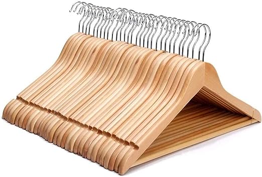 KEPLIN Strong Natural Wood Wooden Coat Hangers with 360 Degree Rotatory Hook & Round Trouser Bar & Shoulder Notches - Durable Wardrobe Space Saver - Suitable for Coat, Jacket, Suit, Jumper (30 Pack)